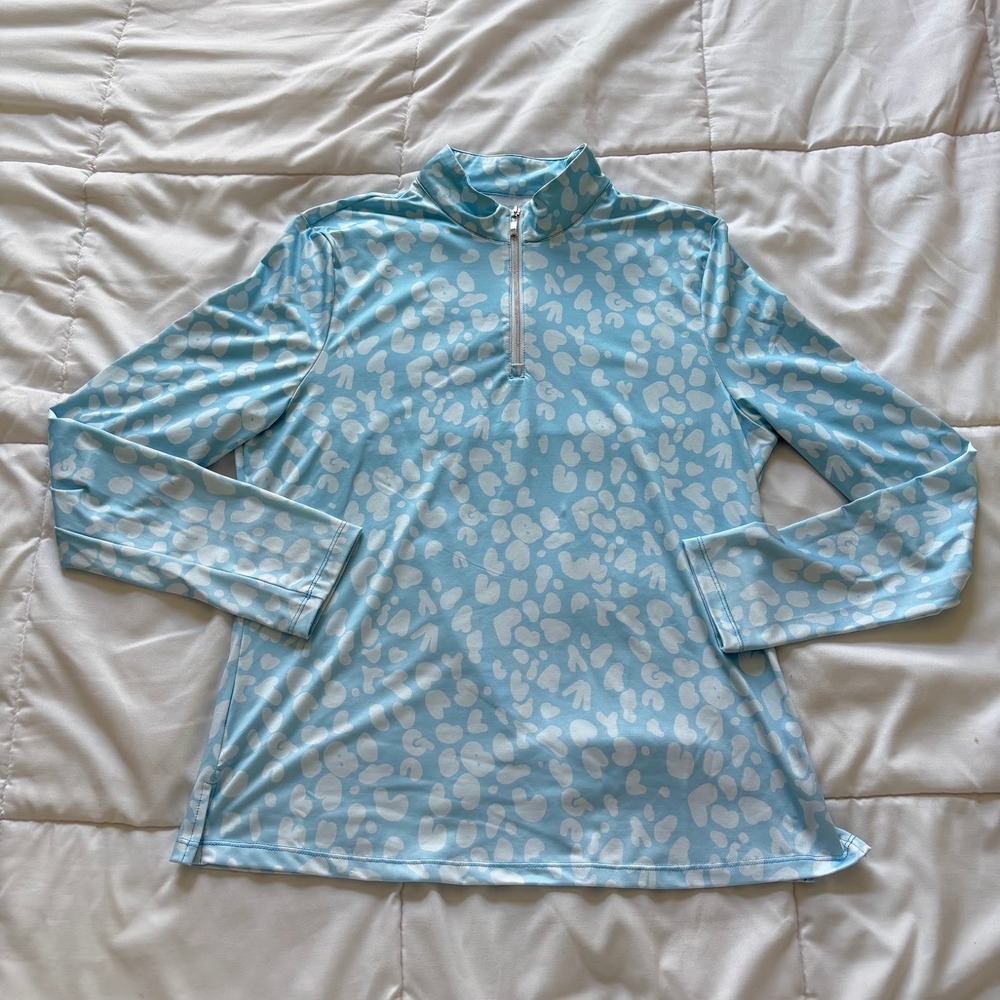 Cegolfs Womens Blue White Leopard Print Quarter Zip Golf Top Long Sleeve Medium